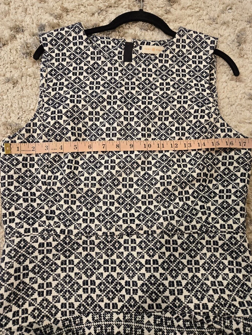 Tory Burch Size 10 Navy Ivory Geometric Jacquard Fit & Flare Dress Sleeveless